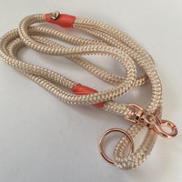 Tan Blush marine rope leash with pink accent whipping and rose gold hardware